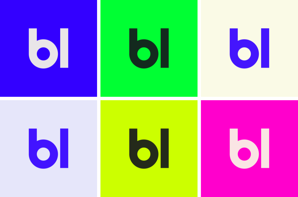 the solid bl mark carried across the six brand colours: electric blue, green, bone, lilac, acid yellow-green, magenta