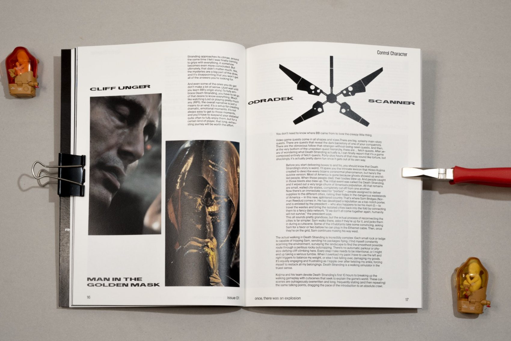 a printed interior spread photographed with clips: Cliff Unger, Odradek Scanner