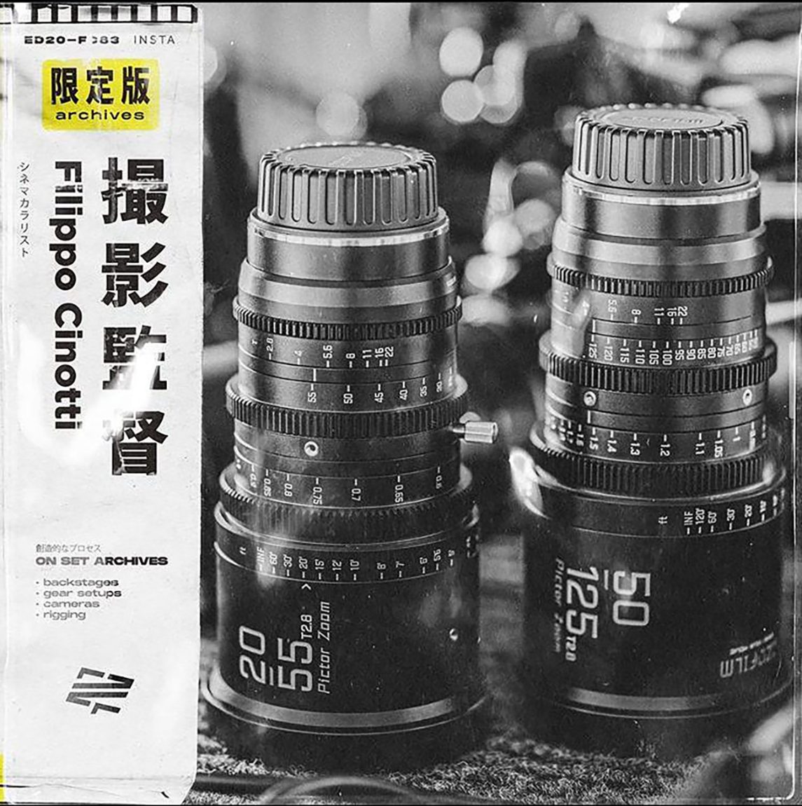 Instagram post with an obi band over a black-and-white photograph of two cine lenses