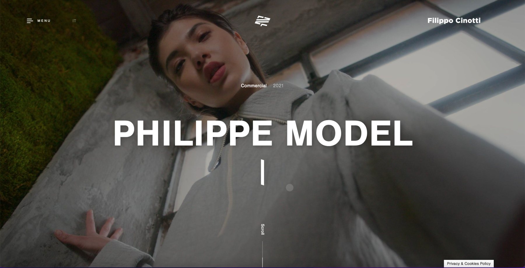 the website: a full-bleed video still with PHILIPPE MODEL set large