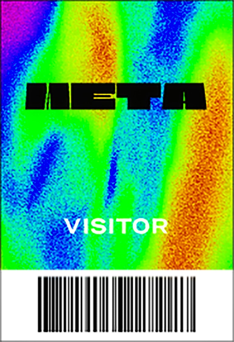 a meta visitor accreditation badge over a thermal-spectrum ground, barcode below